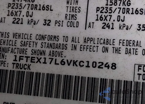 1997 Ford F-150 Lariat/Xl/Xlt из США, поврежденный, VIN 1FTEX17L6VKC10248